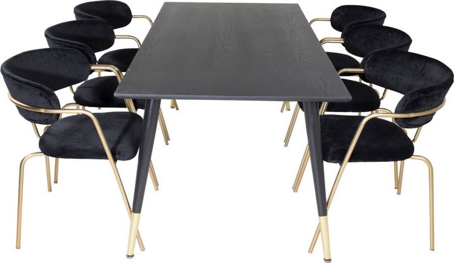 Hioshop Dipp180x90BLBR eethoek eetkamertafel zwart en 6 Arrow eetkamerstal velours zwart.