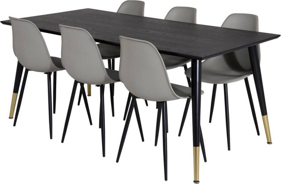 Hioshop Dipp180x90BLBR eethoek eetkamertafel zwart en 6 Polar eetkamerstal grijs.