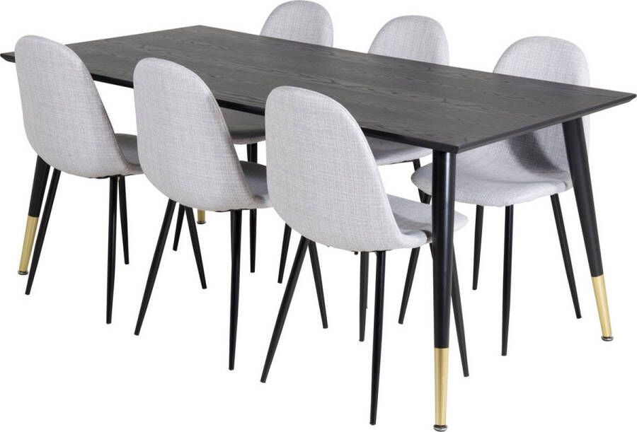 Hioshop Dipp180x90BLBR eethoek eetkamertafel zwart en 6 Polar eetkamerstal lichtgrijs.