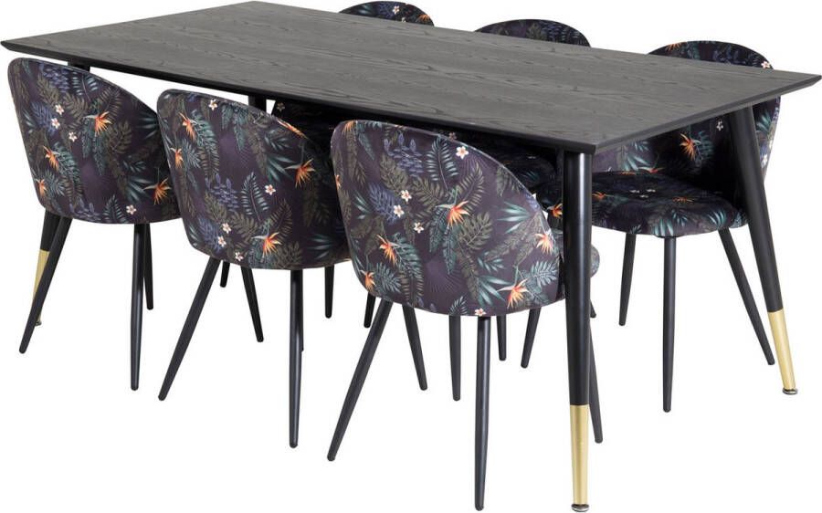 Hioshop Dipp180x90BLBR eethoek eetkamertafel zwart en 6 Velvet eetkamerstal velours gebloeid.