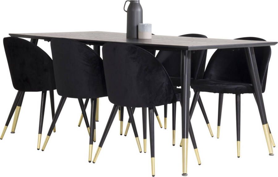 Hioshop Dipp180x90BLBR eethoek eetkamertafel zwart en 6 Velvet eetkamerstal velours zwart messing decor.