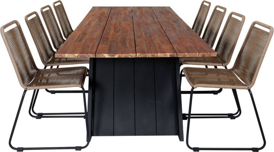 Hioshop Doory Tuinmeubelset Tafel 100x250cm En 8 Stoel Stapell Lindos Zwart Naturel.
