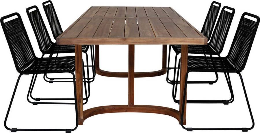 Hioshop Erica Tuinmeubelset Tafel 100x214cm En 6 Stoel Stapels Lindos Zwart Naturel.