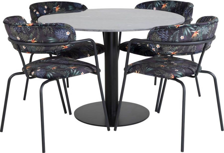 Hioshop EstelleØ106BLBL eethoek eetkamertafel zwart marmer en 4 Arrow eetkamerstal zwart.