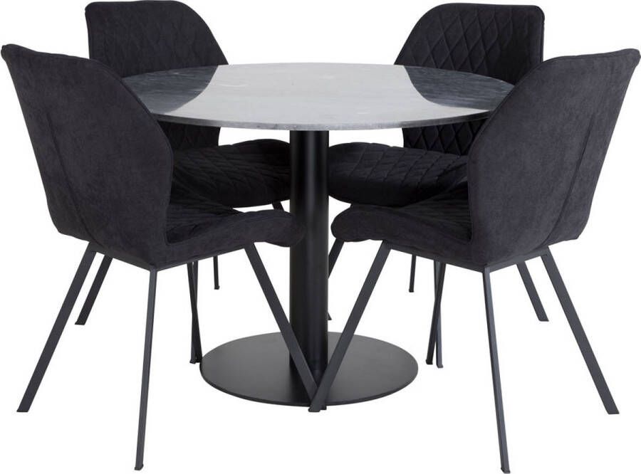 Hioshop EstelleØ106BLBL eethoek eetkamertafel zwart marmer en 4 Gemma eetkamerstal zwart.