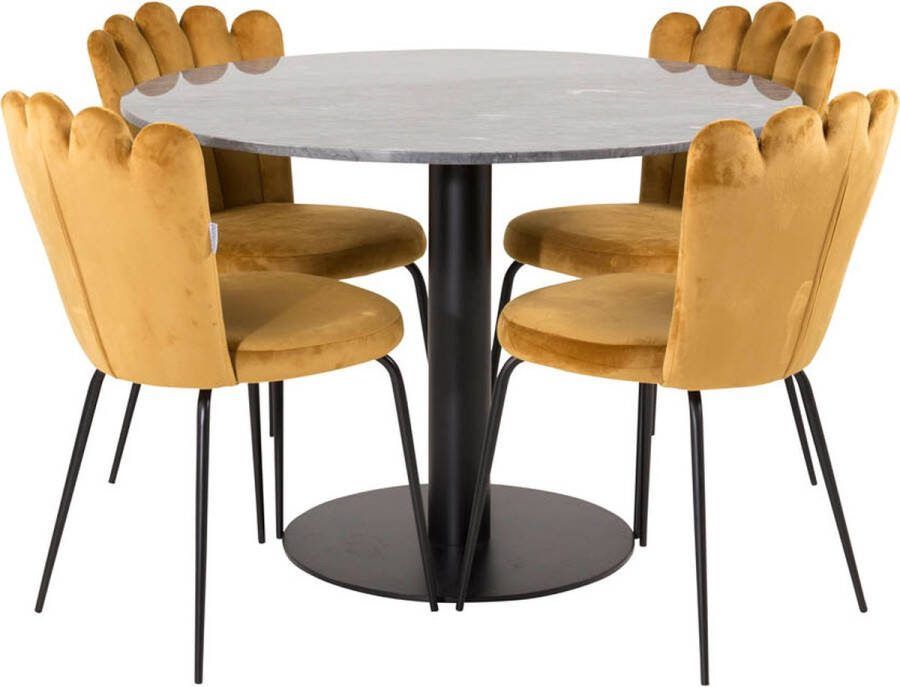 Hioshop EstelleØ106BLBL eethoek eetkamertafel zwart marmer en 4 Limhamn eetkamerstal velours geel.