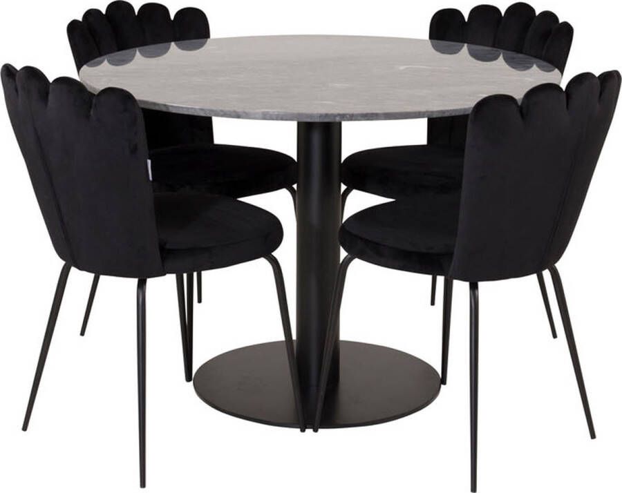 Hioshop EstelleØ106BLBL eethoek eetkamertafel zwart marmer en 4 Limhamn eetkamerstal velours zwart.