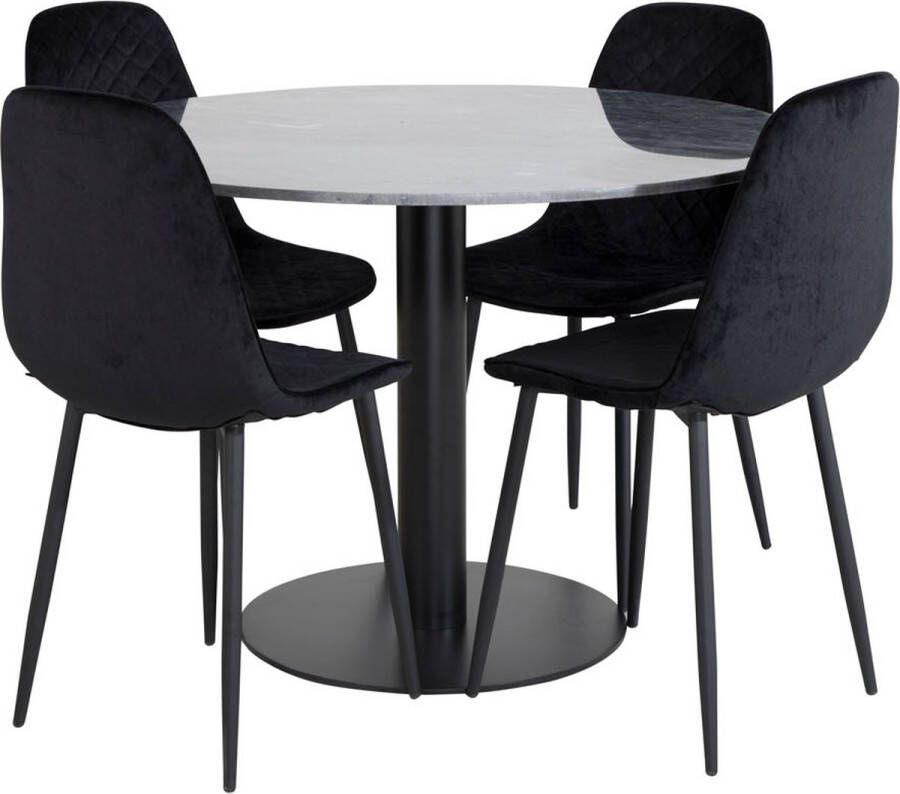Hioshop EstelleØ106BLBL eethoek eetkamertafel zwart marmer en 4 Polar Diamond eetkamerstal velours zwart.