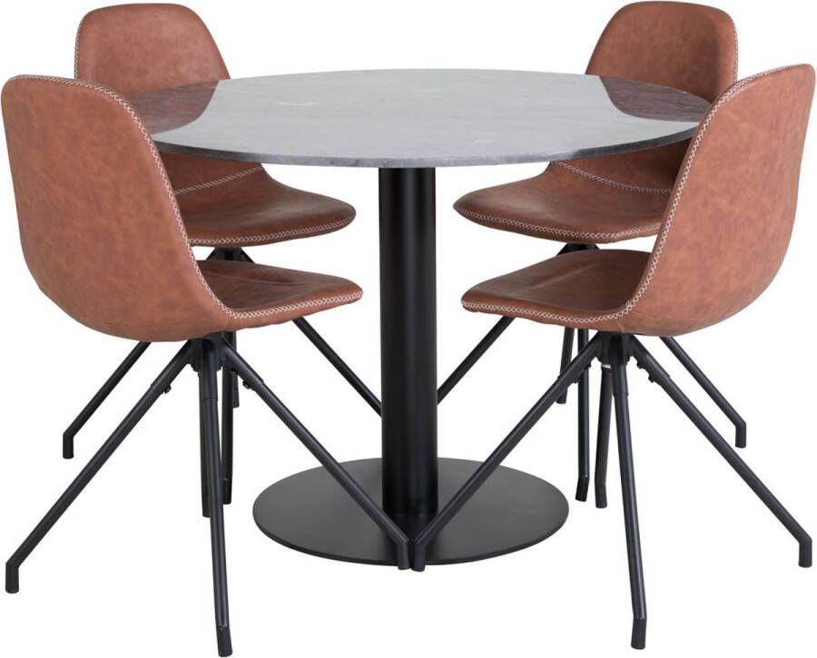 Hioshop EstelleØ106BLBL eethoek eetkamertafel zwart marmer en 4 Polar eetkamerstal PU kunstleer bruin.