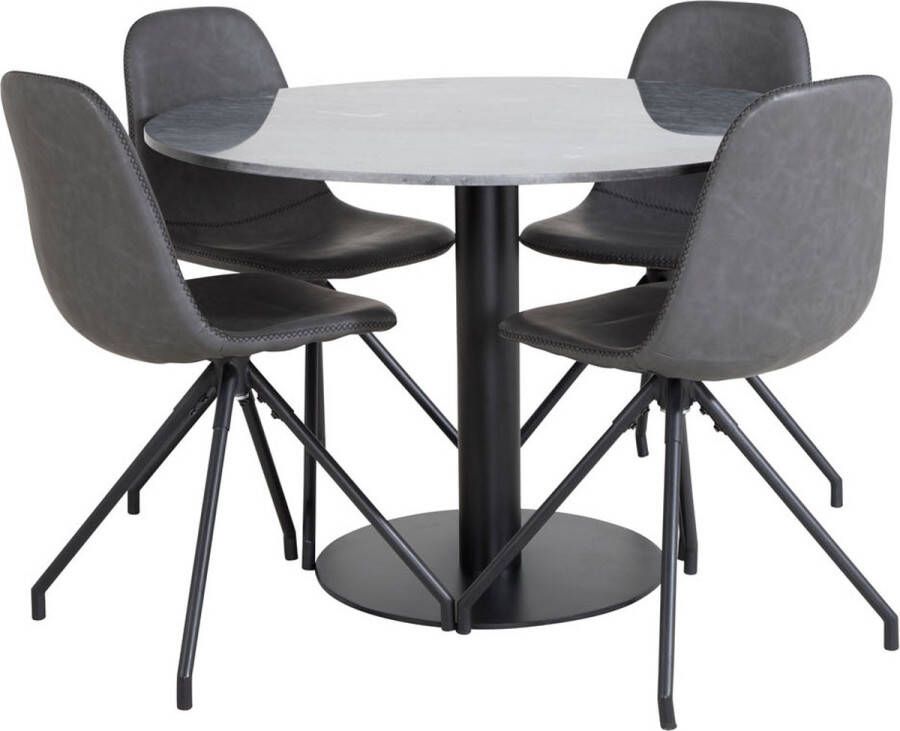 Hioshop EstelleØ106BLBL eethoek eetkamertafel zwart marmer en 4 Polar eetkamerstal PU kunstleer zwart.