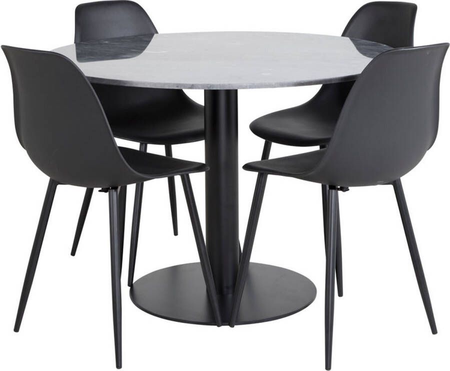 Hioshop EstelleØ106BLBL eethoek eetkamertafel zwart marmer en 4 Polar eetkamerstal zwart.