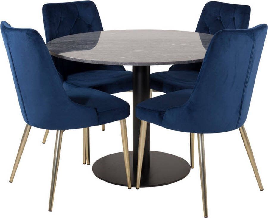 Hioshop EstelleØ106BLBL eethoek eetkamertafel zwart marmer en 4 Velvet Deluxe eetkamerstal velours blauw messing decor.