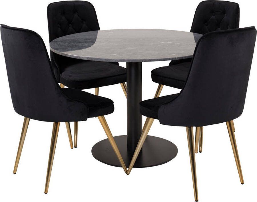 Hioshop EstelleØ106BLBL eethoek eetkamertafel zwart marmer en 4 Velvet Deluxe eetkamerstal velours zwart messing decor.