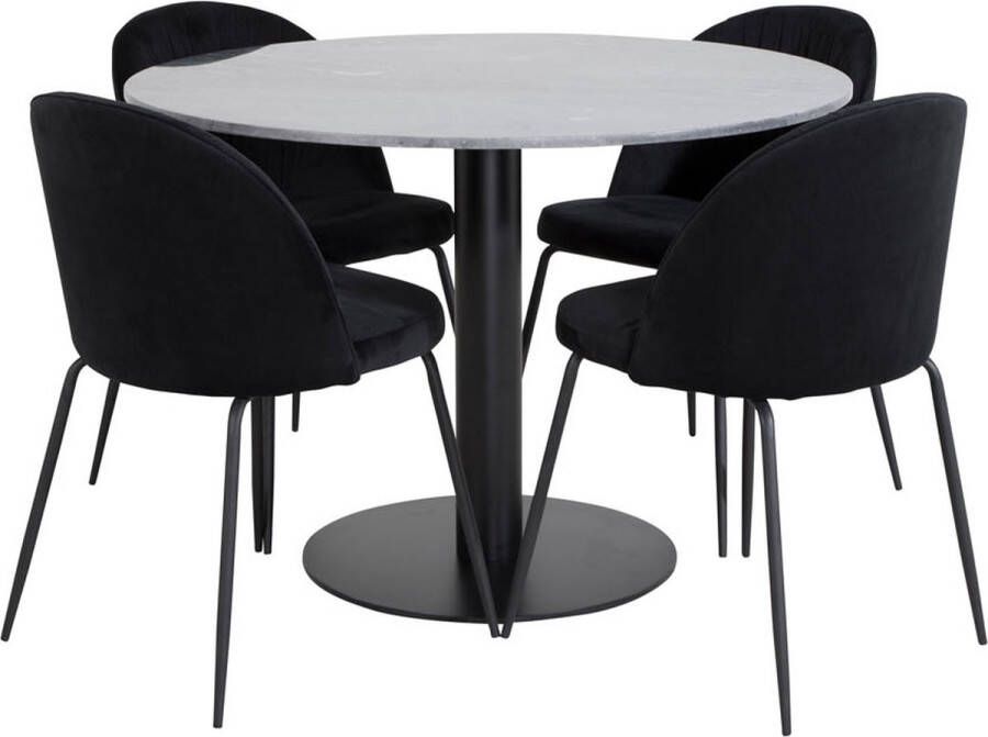 Hioshop EstelleØ106BLBL eethoek eetkamertafel zwart marmer en 4 Wrinkles eetkamerstal velours zwart.