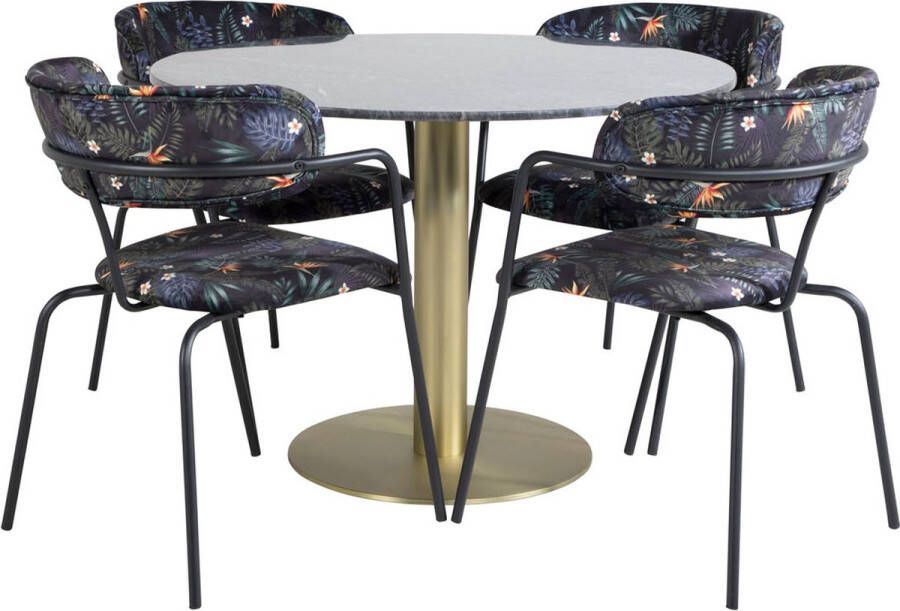 Hioshop EstelleØ106BLBR eethoek eetkamertafel zwart marmer en 4 Arrow eetkamerstal zwart.