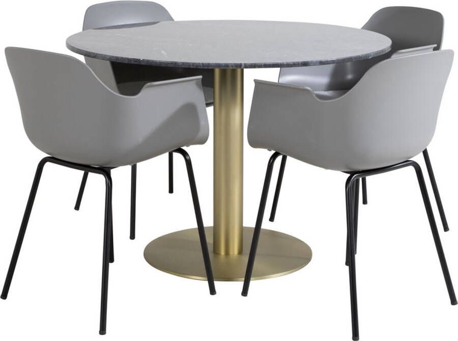 Hioshop EstelleØ106BLBR eethoek eetkamertafel zwart marmer en 4 Comfort eetkamerstal grijs.