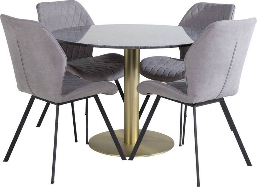 Hioshop EstelleØ106BLBR eethoek eetkamertafel zwart marmer en 4 Gemma eetkamerstal grijs.