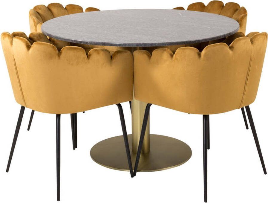 Hioshop EstelleØ106BLBR eethoek eetkamertafel zwart marmer en 4 Limhamn eetkamerstal velours geel.