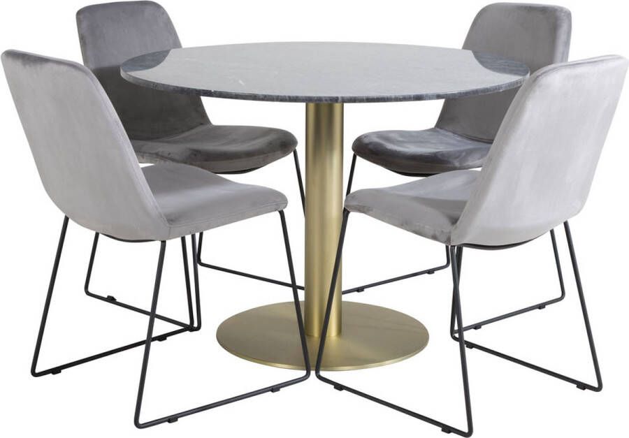 Hioshop EstelleØ106BLBR eethoek eetkamertafel zwart marmer en 4 Muce eetkamerstal velours grijs.