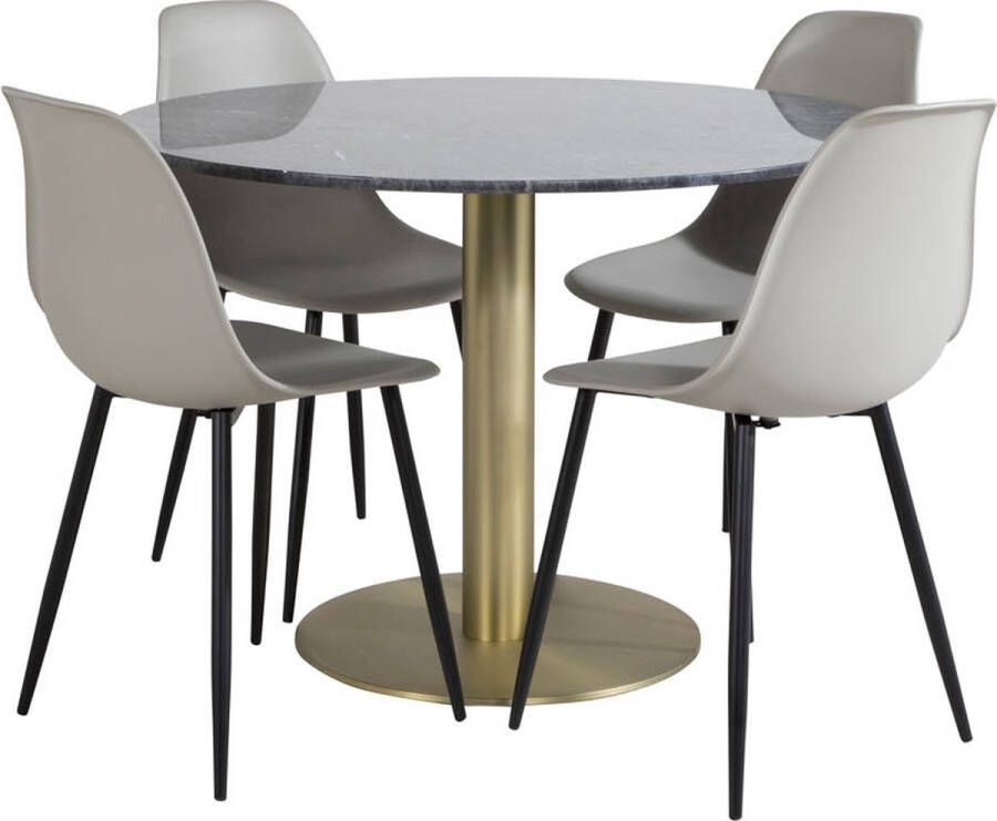 Hioshop EstelleØ106BLBR eethoek eetkamertafel zwart marmer en 4 Polar eetkamerstal grijs.