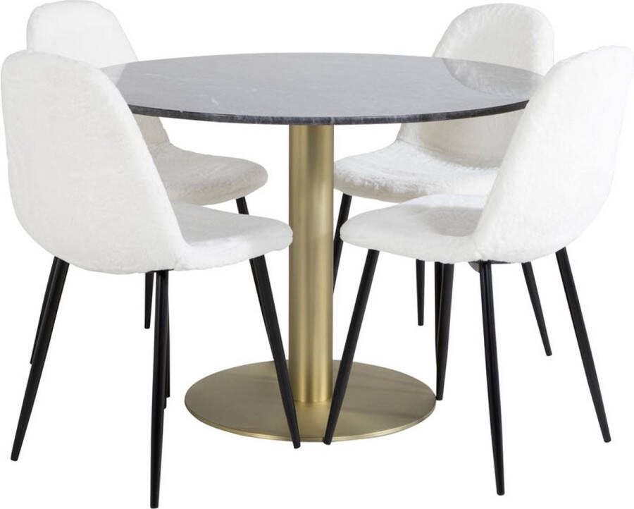 Hioshop EstelleØ106BLBR eethoek eetkamertafel zwart marmer en 4 Polar Fluff eetkamerstal Teddy wit.