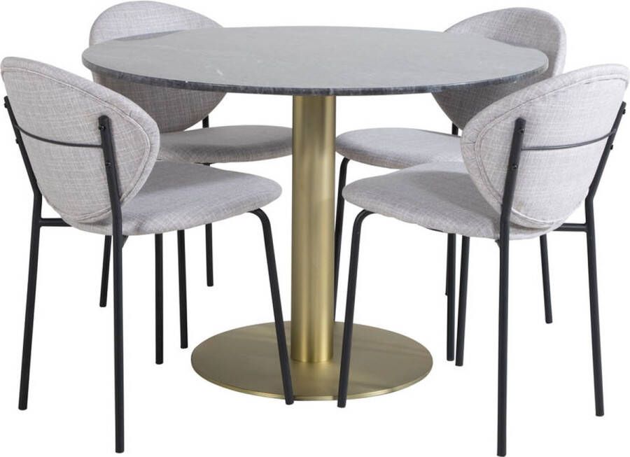Hioshop EstelleØ106BLBR eethoek eetkamertafel zwart marmer en 4 Vault eetkamerstal grijs.