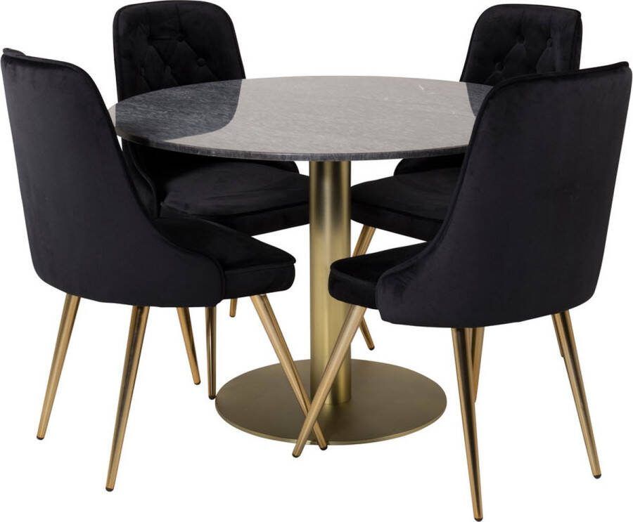 Hioshop EstelleØ106BLBR eethoek eetkamertafel zwart marmer en 4 Velvet Deluxe eetkamerstal velours zwart messing decor.