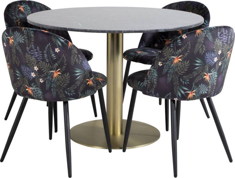 Hioshop EstelleØ106BLBR eethoek eetkamertafel zwart marmer en 4 Velvet eetkamerstal velours gebloeid.