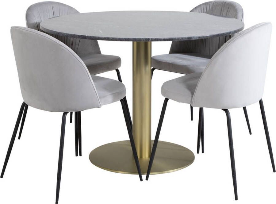 Hioshop EstelleØ106BLBR eethoek eetkamertafel zwart marmer en 4 Wrinkles eetkamerstal grijs.