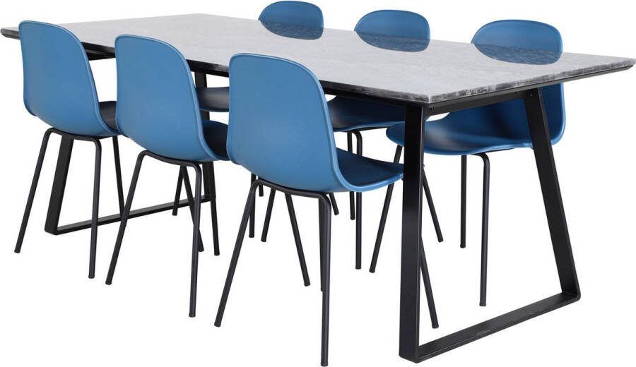 Hioshop EstelleBLBL eethoek eetkamertafel zwart marmer en 6 Arctic eetkamerstal blauw zwart.