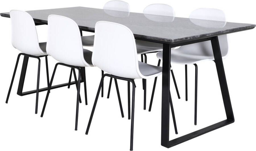 Hioshop EstelleBLBL eethoek eetkamertafel zwart marmer en 6 Arctic eetkamerstal wit zwart.