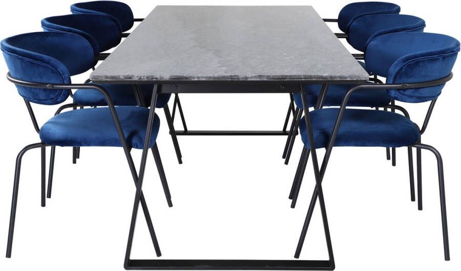 Hioshop EstelleBLBL eethoek eetkamertafel zwart marmer en 6 Arrow eetkamerstal velours blauw.