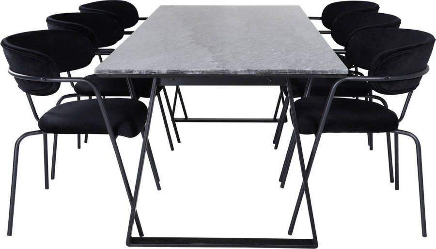 Hioshop EstelleBLBL eethoek eetkamertafel zwart marmer en 6 Arrow eetkamerstal velours zwart.