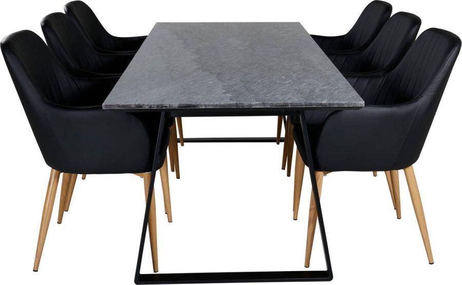 Hioshop EstelleBLBL eethoek eetkamertafel zwart marmer en 6 Comfort eetkamerstal PU kunstleer zwart.