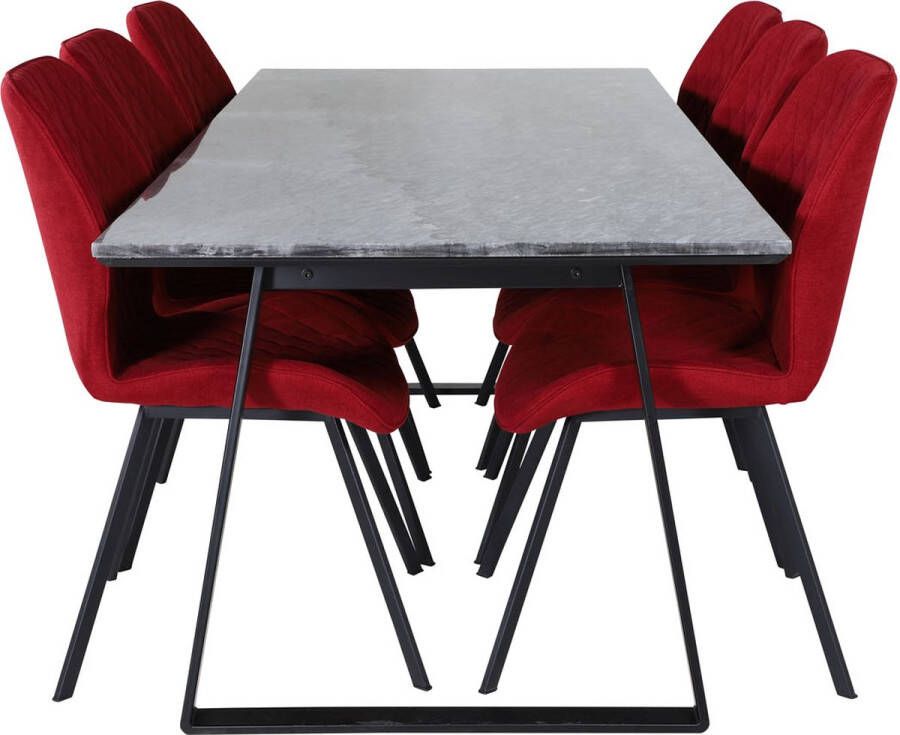 Hioshop EstelleBLBL eethoek eetkamertafel zwart marmer en 6 Gemma eetkamerstal rood.