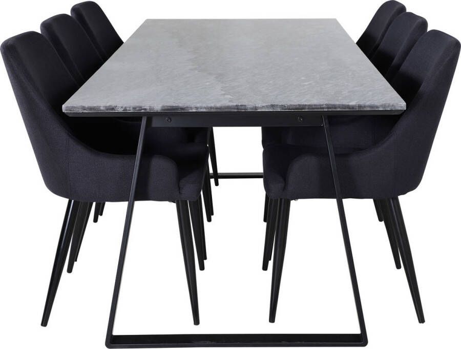 Hioshop EstelleBLBL eethoek eetkamertafel zwart marmer en 6 Plaza eetkamerstal zwart.