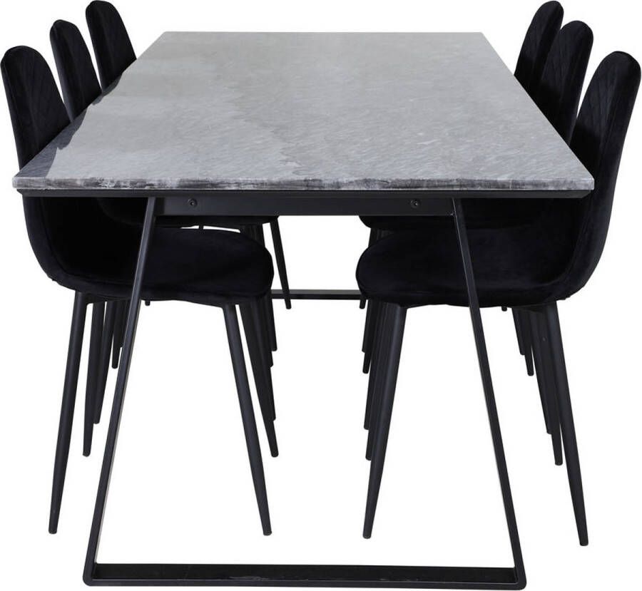 Hioshop EstelleBLBL eethoek eetkamertafel zwart marmer en 6 Polar Diamond eetkamerstal velours zwart.