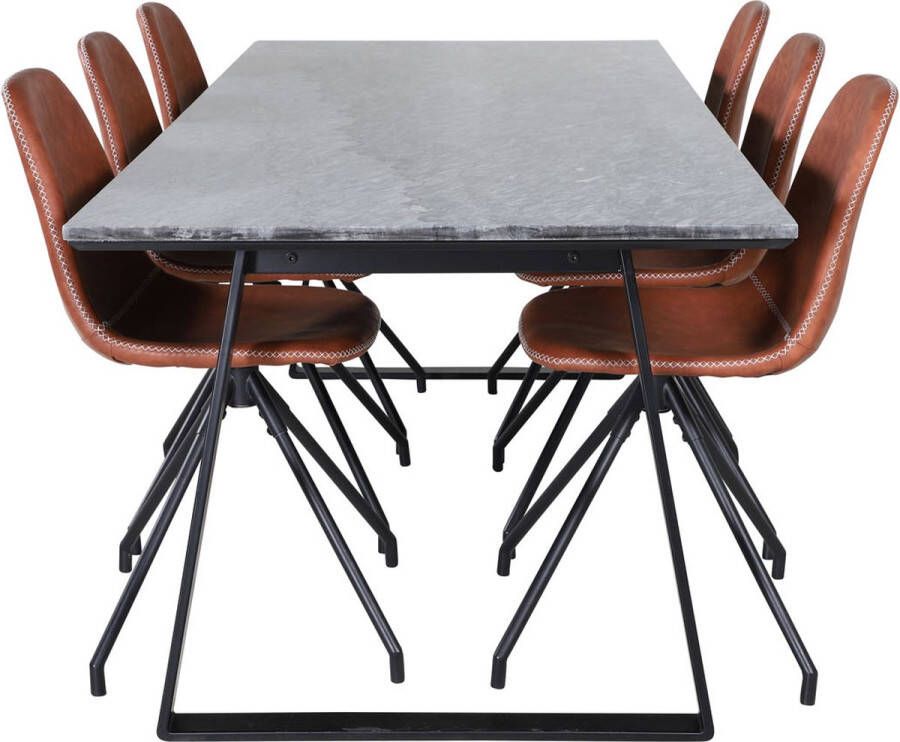 Hioshop EstelleBLBL eethoek eetkamertafel zwart marmer en 6 Polar eetkamerstal PU kunstleer bruin.