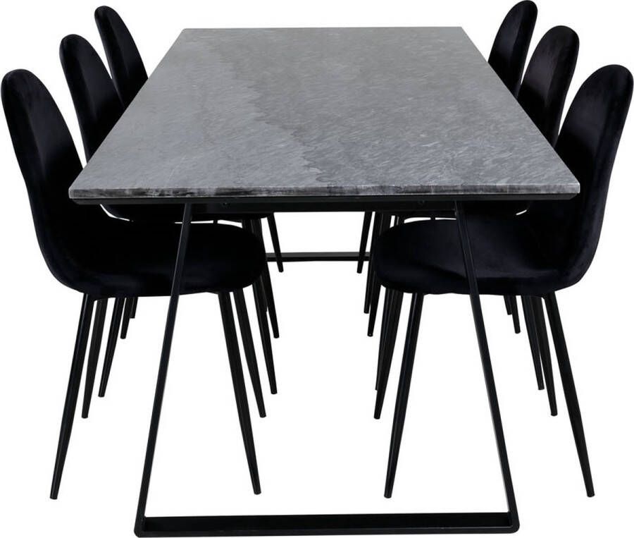 Hioshop EstelleBLBL eethoek eetkamertafel zwart marmer en 6 Polar eetkamerstal velours zwart.