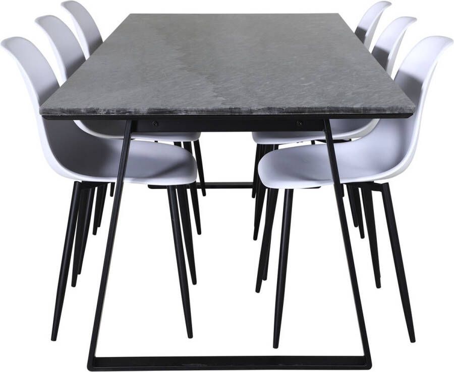 Hioshop EstelleBLBL eethoek eetkamertafel zwart marmer en 6 Polar eetkamerstal wit.