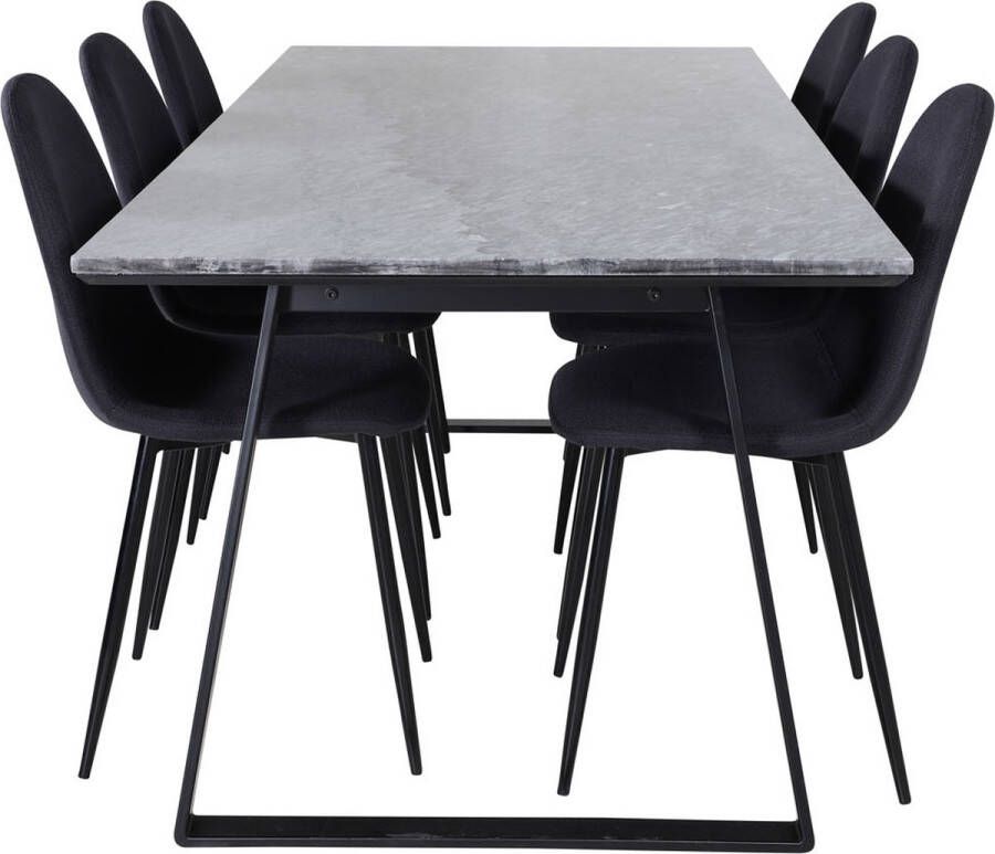 Hioshop EstelleBLBL eethoek eetkamertafel zwart marmer en 6 Polar eetkamerstal zwart.