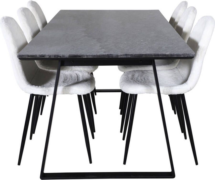 Hioshop EstelleBLBL eethoek eetkamertafel zwart marmer en 6 Polar Fluff eetkamerstal Teddy wit.