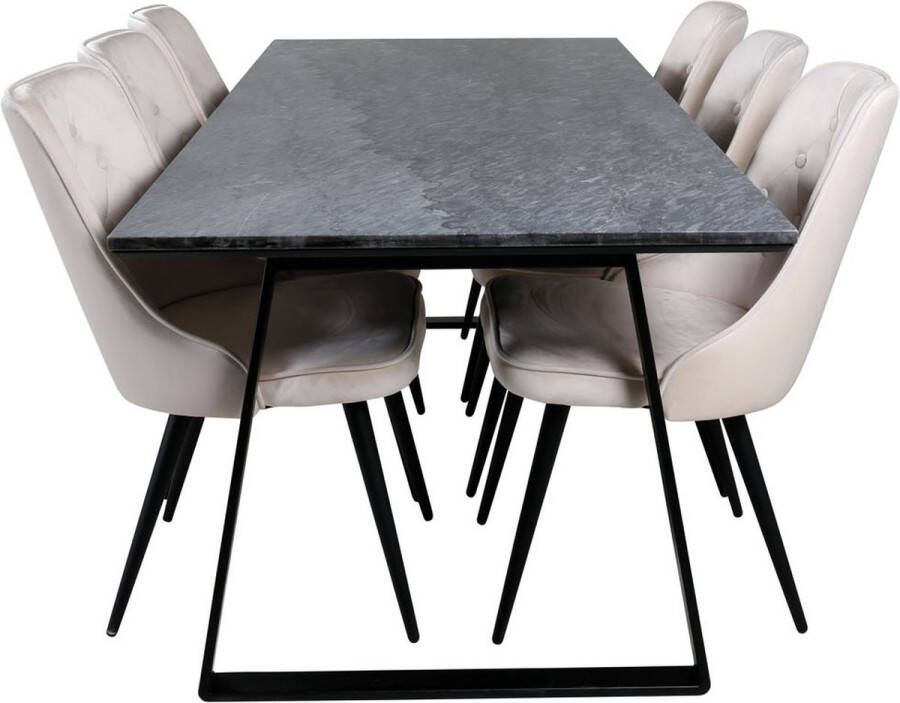 Hioshop EstelleBLBL eethoek eetkamertafel zwart marmer en 6 Velvet Deluxe eetkamerstal velours beige zwart.