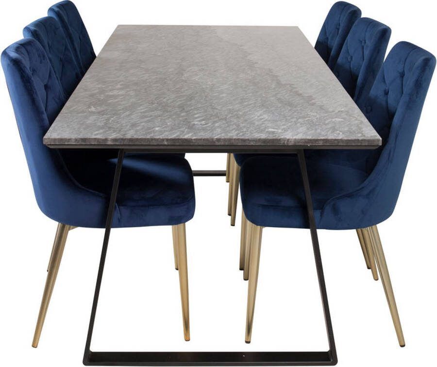 Hioshop EstelleBLBL eethoek eetkamertafel zwart marmer en 6 Velvet Deluxe eetkamerstal velours blauw messing decor.