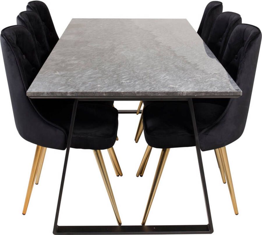 Hioshop EstelleBLBL eethoek eetkamertafel zwart marmer en 6 Velvet Deluxe eetkamerstal velours zwart messing decor.