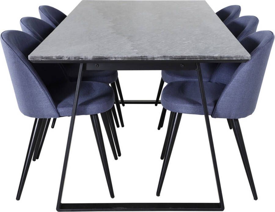 Hioshop EstelleBLBL eethoek eetkamertafel zwart marmer en 6 Velvet eetkamerstal blauw.