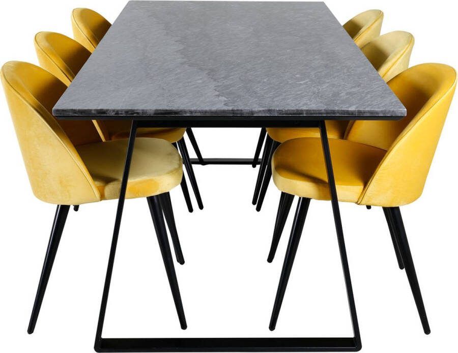Hioshop EstelleBLBL eethoek eetkamertafel zwart marmer en 6 Velvet eetkamerstal velours geel zwart.