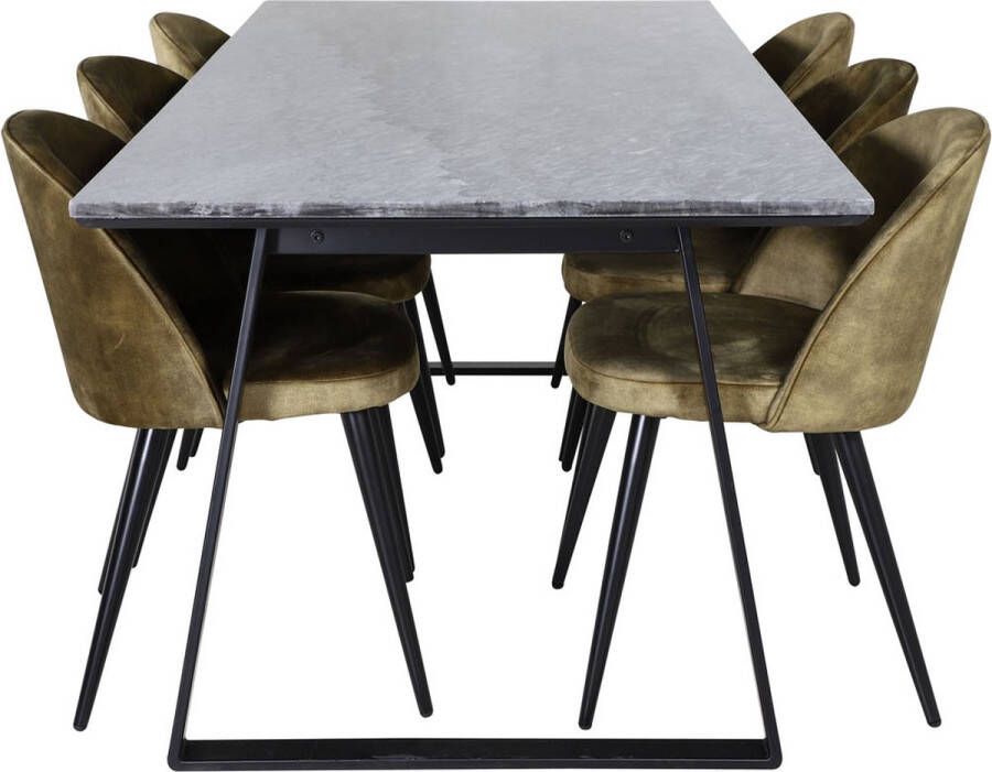 Hioshop EstelleBLBL eethoek eetkamertafel zwart marmer en 6 Velvet eetkamerstal velours groente zwart.