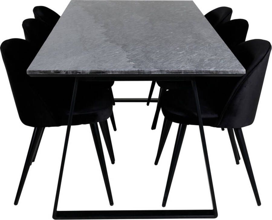 Hioshop EstelleBLBL eethoek eetkamertafel zwart marmer en 6 Velvet eetkamerstal velours zwart.