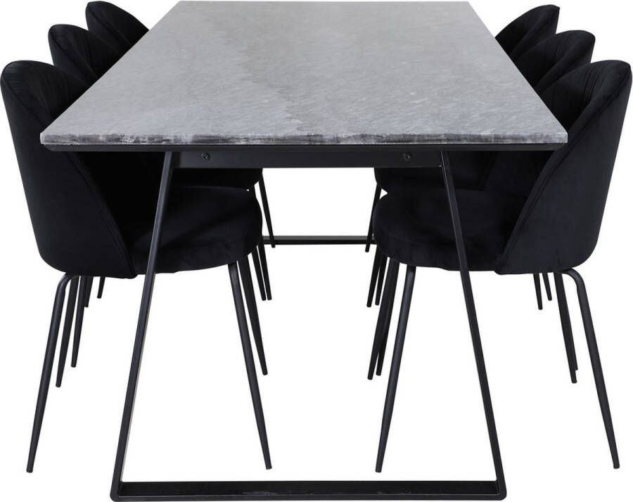 Hioshop EstelleBLBL eethoek eetkamertafel zwart marmer en 6 Wrinkles eetkamerstal velours zwart.